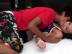 Couple spoon passionately for an erotic sofa fuck