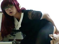Black-stockinged maid stuffs her puffy pussy and gets crammed in...