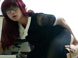Black-stockinged maid stuffs her puffy pussy and gets crammed in...