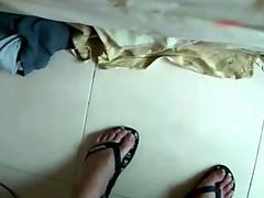 Feminine T-girl in pink lingerie masturbates with a condom